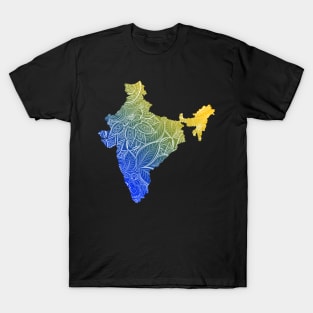 Colorful mandala art map of India with text in blue and yellow T-Shirt